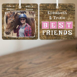 Horse lover photo names pink rustic metal ornament