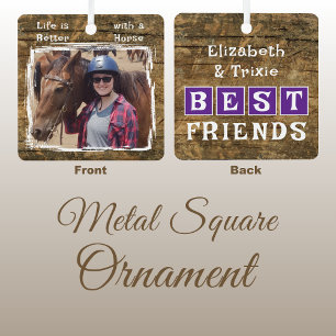 Horse lover photo names purple rustic metal ornament