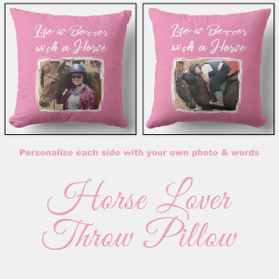 Horse lover photo pink white throw pillow