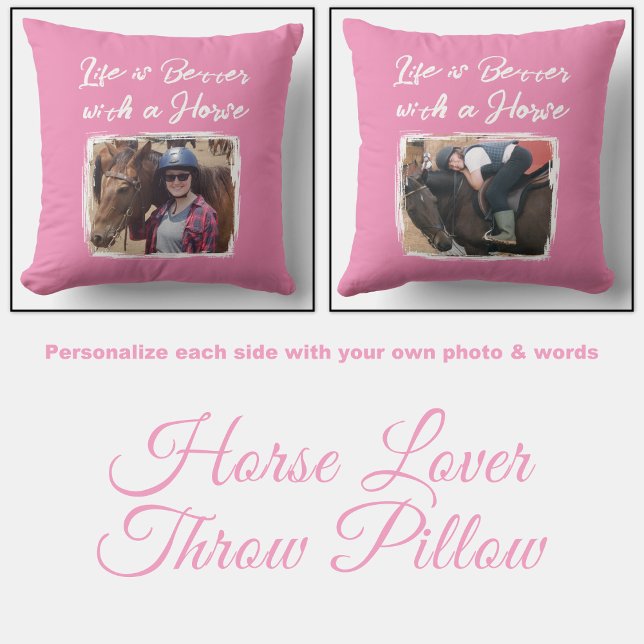 Horse lover photo pink white throw pillow (Creator Uploaded)