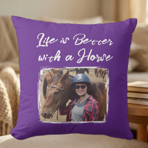 Horse lover photo purple white throw pillow