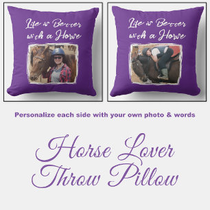 Horse lover photo purple white throw pillow