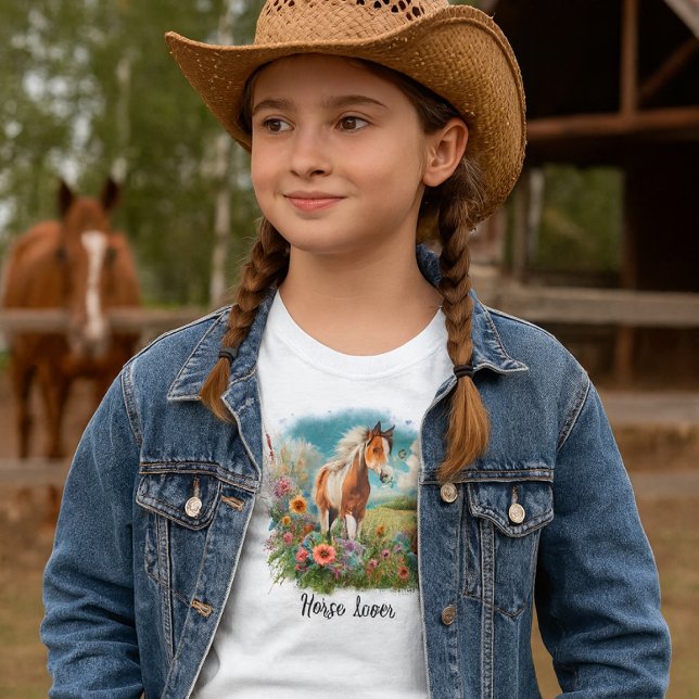 Horse Lover Pinto Foal Girls  T-Shirt (Girls western look T-shirt .  If she likes horses then she will love this watercolor illustrated tee)