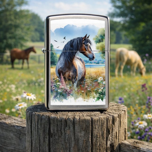 Horse Lover Rustic Western Design Zippo Lighter (Gift for horse lovers artistic Zippo lighter featuring watercolor horse and wildflowers.)