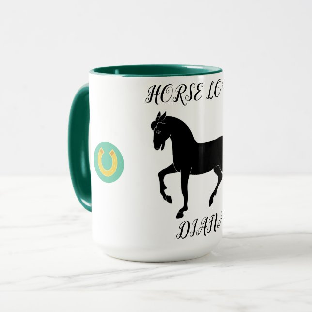 Horse Lover two toned mug with personalized name. (Front Left)