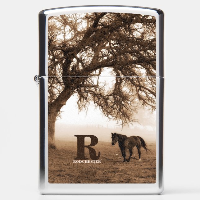 Horse Lover Western Sepia Tone with Monogram Zippo Lighter (Front)