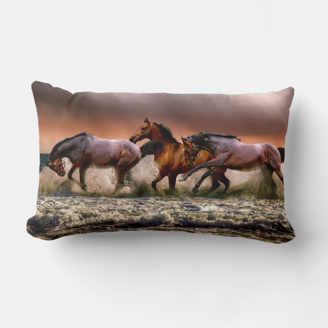 Horse Lovers Wild Horses on the Beach Lumbar Pillow (Front)
