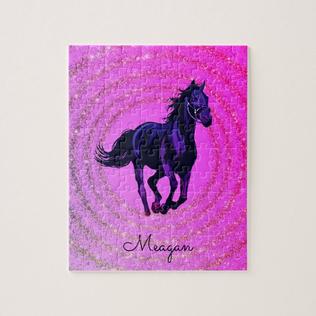 Horse Magenta Glitter Swirl Personalized Jigsaw Puzzle (Vertical)