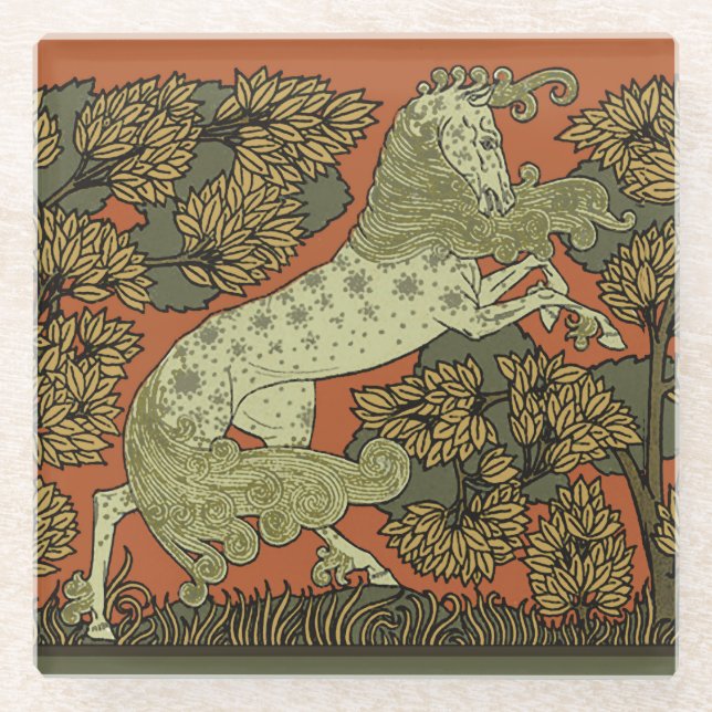 Horse Medieval Arts Crafts Art Nouveau  Glass Coaster (Front)