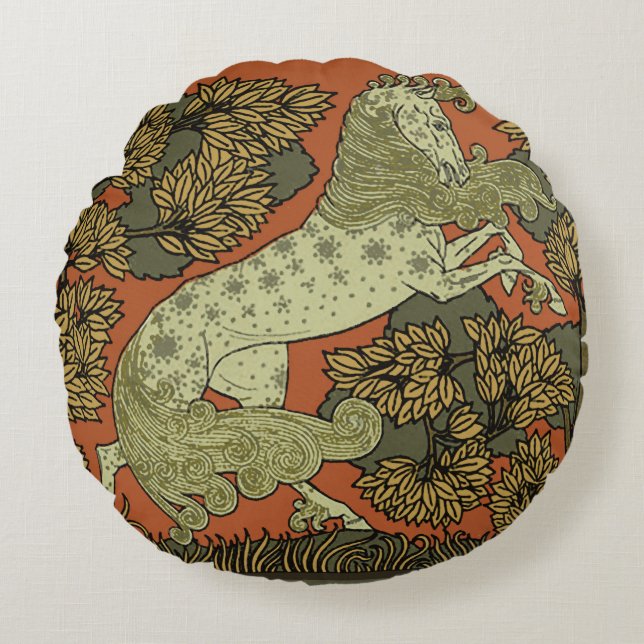 Horse Medieval Arts Crafts Art Nouveau  Round Pillow (Front)
