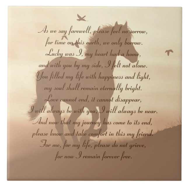 Horse Memorial Galloping Horse and Spiritual Poem Ceramic Tile (Front)