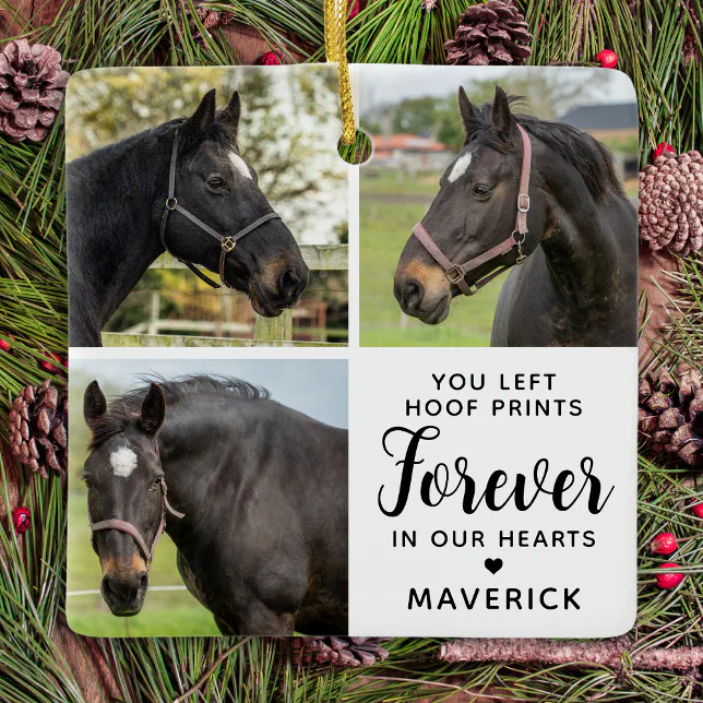 Horse Memorial Personalized 3 Pet Photo Collage Ceramic Ornament
