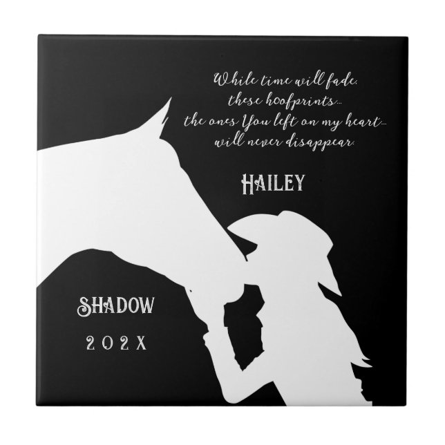 Horse memorial quote black hoofprints ceramic tile (Front)