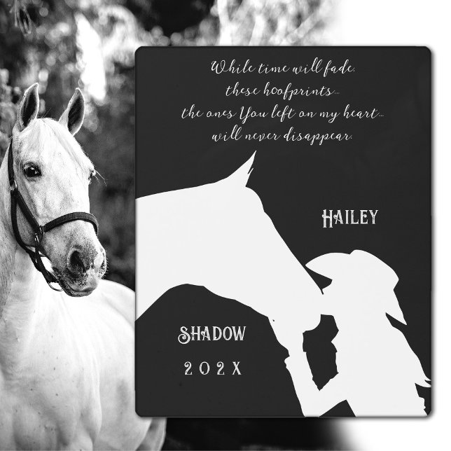 Horse memorial quote black hoofprints metal print (Personalized horse memorial metal sign, black and white horse vector art with hoofprints quote.)