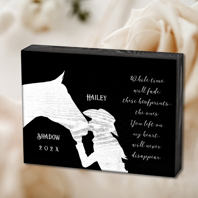 Horse memorial quote black hoofprints wooden box sign (Personalized horse memorial wooden box sign, black and white horse vector art with hoofprints quote)