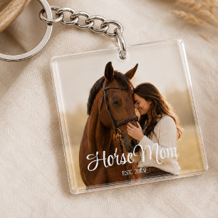 Horse Mom Established Modern Script Photo Keychain