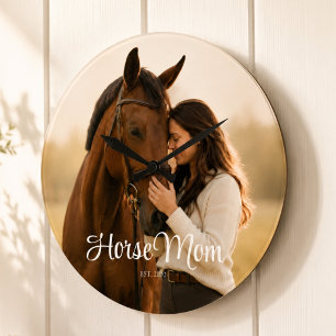 Horse Mom Established Modern White Script Photo Large Clock