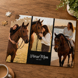 Horse Mom Established Script Black 3 Photo Jigsaw Puzzle