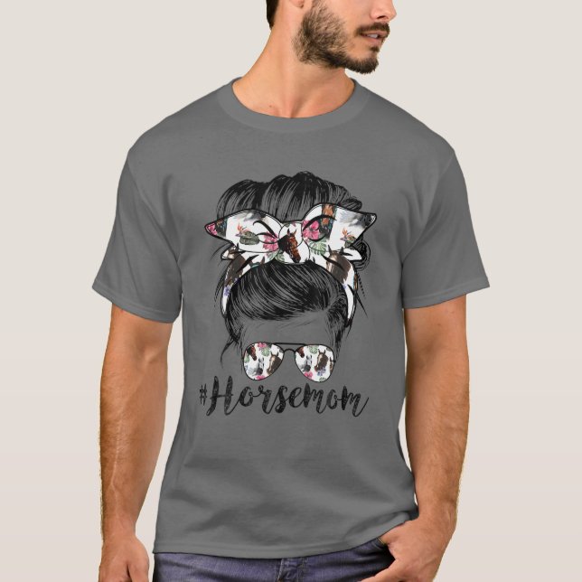 Horse Mom Messy Hair In Bun Bandana Mothers Day T-Shirt (Front)