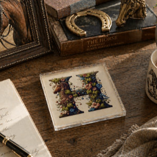 Horse Monogram Letter H Vintage Botanical Fantasy Paperweight