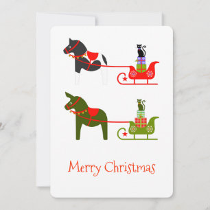 Horse Mule Cat Sleigh ride in green and red Holiday Card