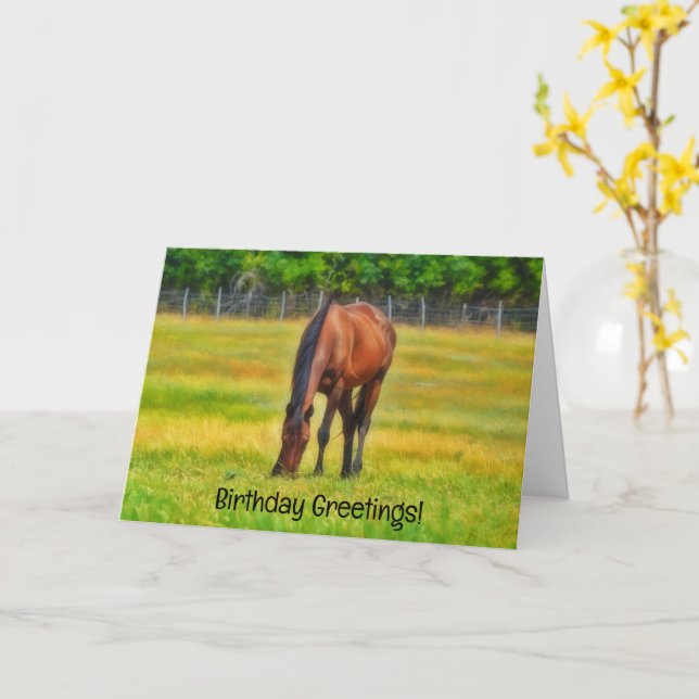 Horse Munching on Pasture Grass Birthday Card (Yellow Flower)