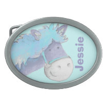 Horse name kids blue belt buckle