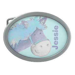 Horse name kids blue belt buckle