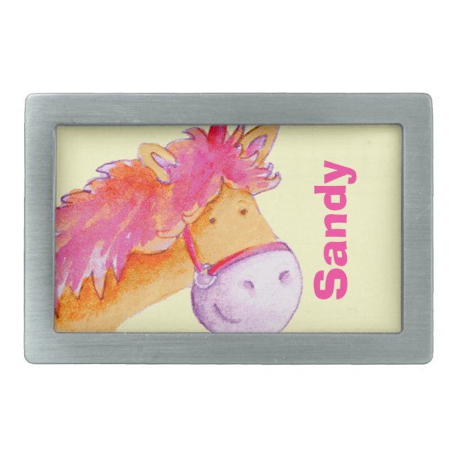 Horse name kids pink yellow belt buckle (Front)