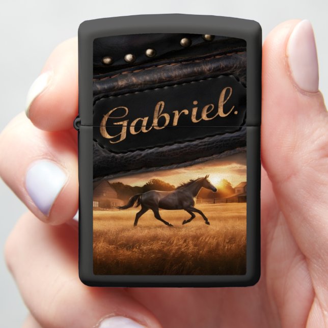 Horse Named Gabriel Running at Sunset Zippo Lighter (In Hand)