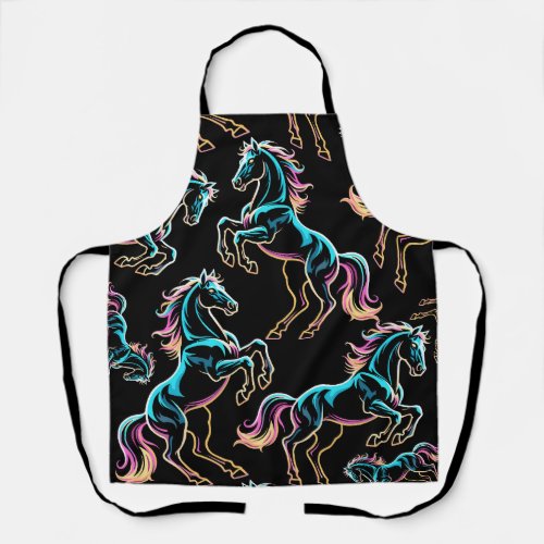 Horse Neon Light Glitch Retro Style Apron