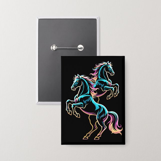 Horse Neon Light Glitch Retro Style Button (Front/Back)