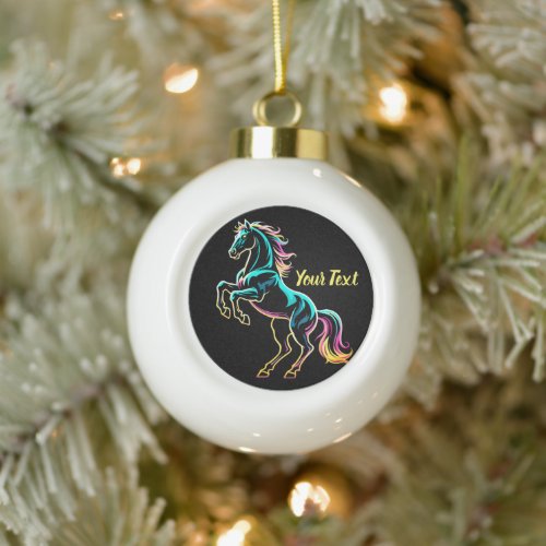 Horse Neon Light Glitch Retro Style Ceramic Ball Christmas Ornament