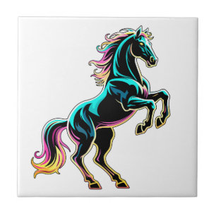 Horse Neon Light Glitch Retro Style Ceramic Tile