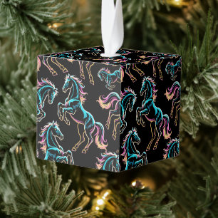 Horse Neon Light Glitch Retro Style Cube Ornament