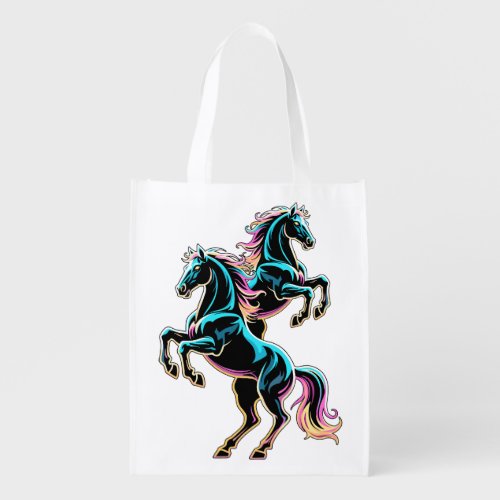 Horse Neon Light Glitch Retro Style Grocery Bag