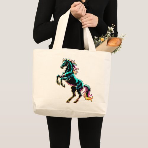 Horse Neon Light Glitch Retro Style Large Tote Bag