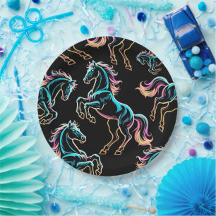 Horse Neon Light Glitch Retro Style Paper Plates
