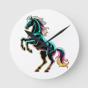 Horse Neon Light Glitch Retro Style Round Clock
