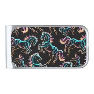 Horse Neon Light Glitch Retro Style Silver Finish Money Clip