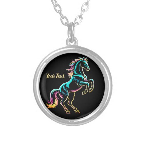 Horse Neon Light Glitch Retro Style Silver Plated Necklace