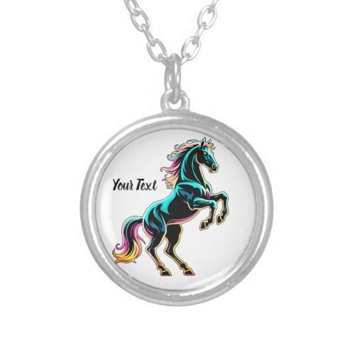 Horse Neon Light Glitch Retro Style Silver Plated Necklace
