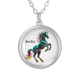 Horse Neon Light Glitch Retro Style Silver Plated Necklace