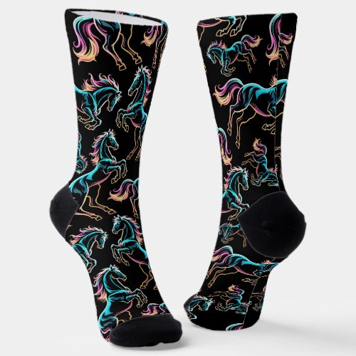 Horse Neon Light Glitch Retro Style Socks