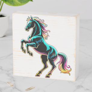 Horse Neon Light Glitch Retro Style Wooden Box Sign