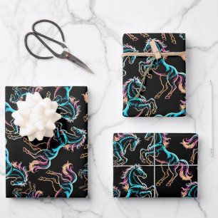 Horse Neon Light Glitch Retro Style Wrapping Paper Sheets