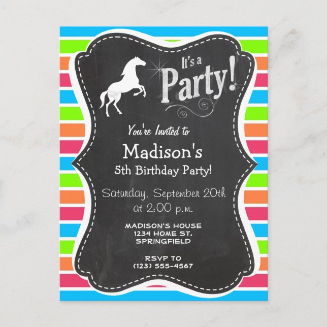Horse; Neon Orange Pink Blue Green Stripes Invitation Postcard (Front)