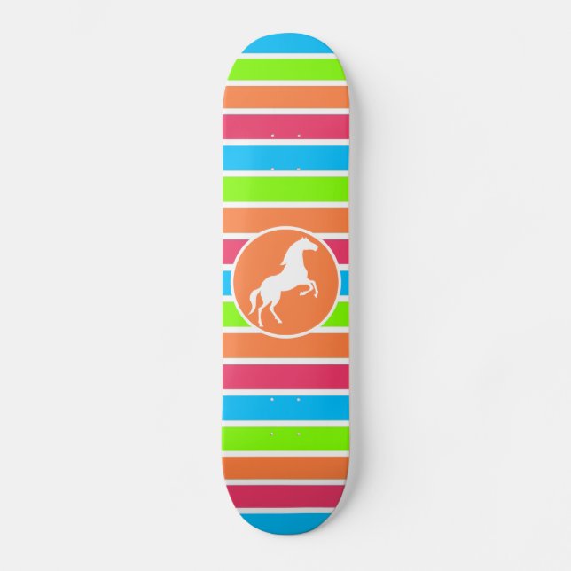 Horse; Neon Orange Pink Blue Green Stripes Skateboard Deck (Front)