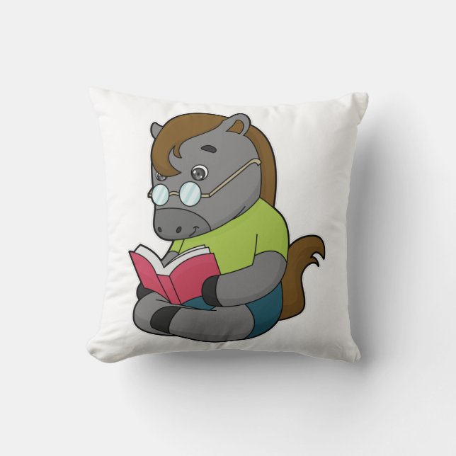 Horse Nerd Book Glasses Throw Pillow (Front)