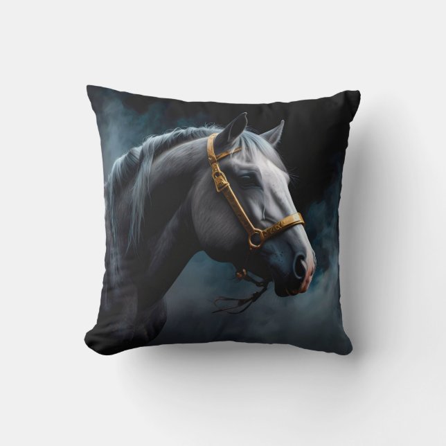 Horse on a black backgroung with blue tints  throw pillow (Front)